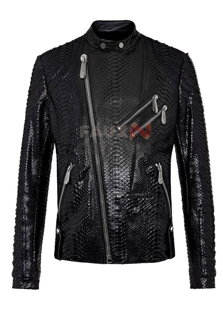 Python Print Leather Black Biker Slim-Fit Craftsmen Jacket